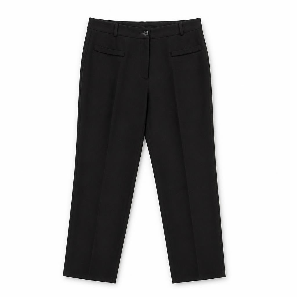 Black straight-leg trousers, classic cut - white studio shot, second-hand at Why Go Less, Dekwaneh, Lebanon