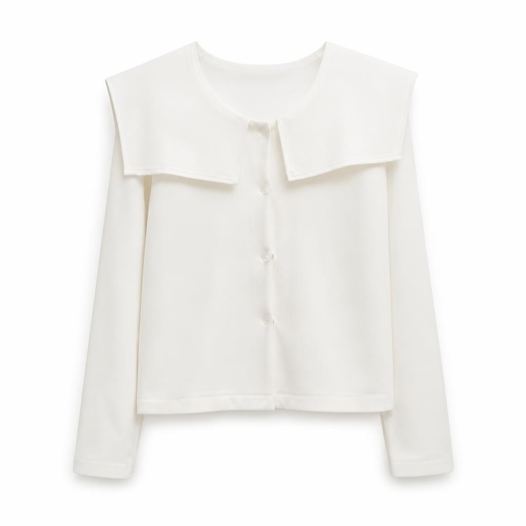 White structured top with wide collar, buttons - white studio shot, second-hand at Why Go Less, Dekwaneh, Lebanon