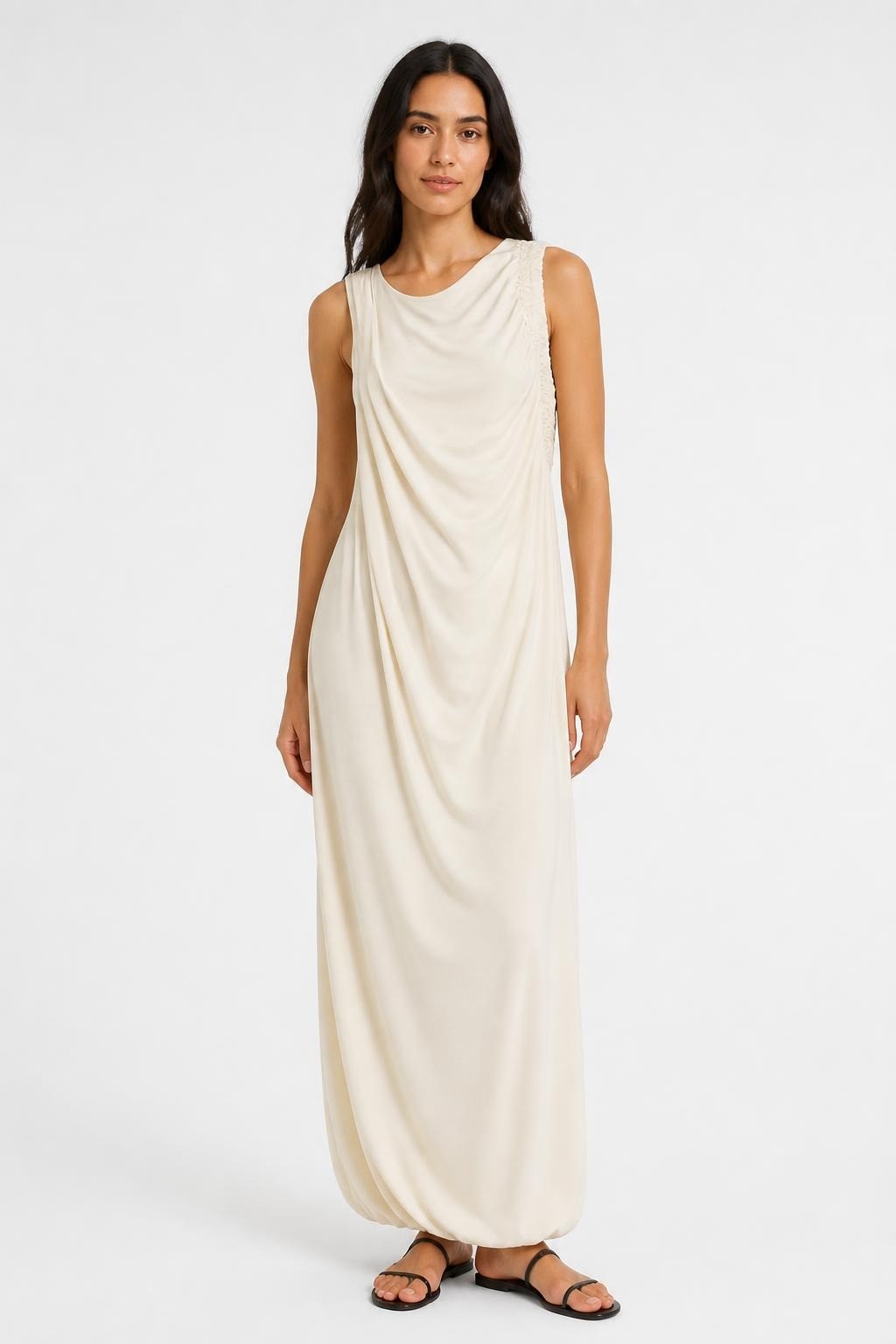 Robe midi blanche ruchée sans manches, fluide | Seconde main | Pourquoi se contenter de moins
