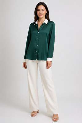 Elli White green satin shirt, white collar, NWT | Pre-Loved | Why Go Less