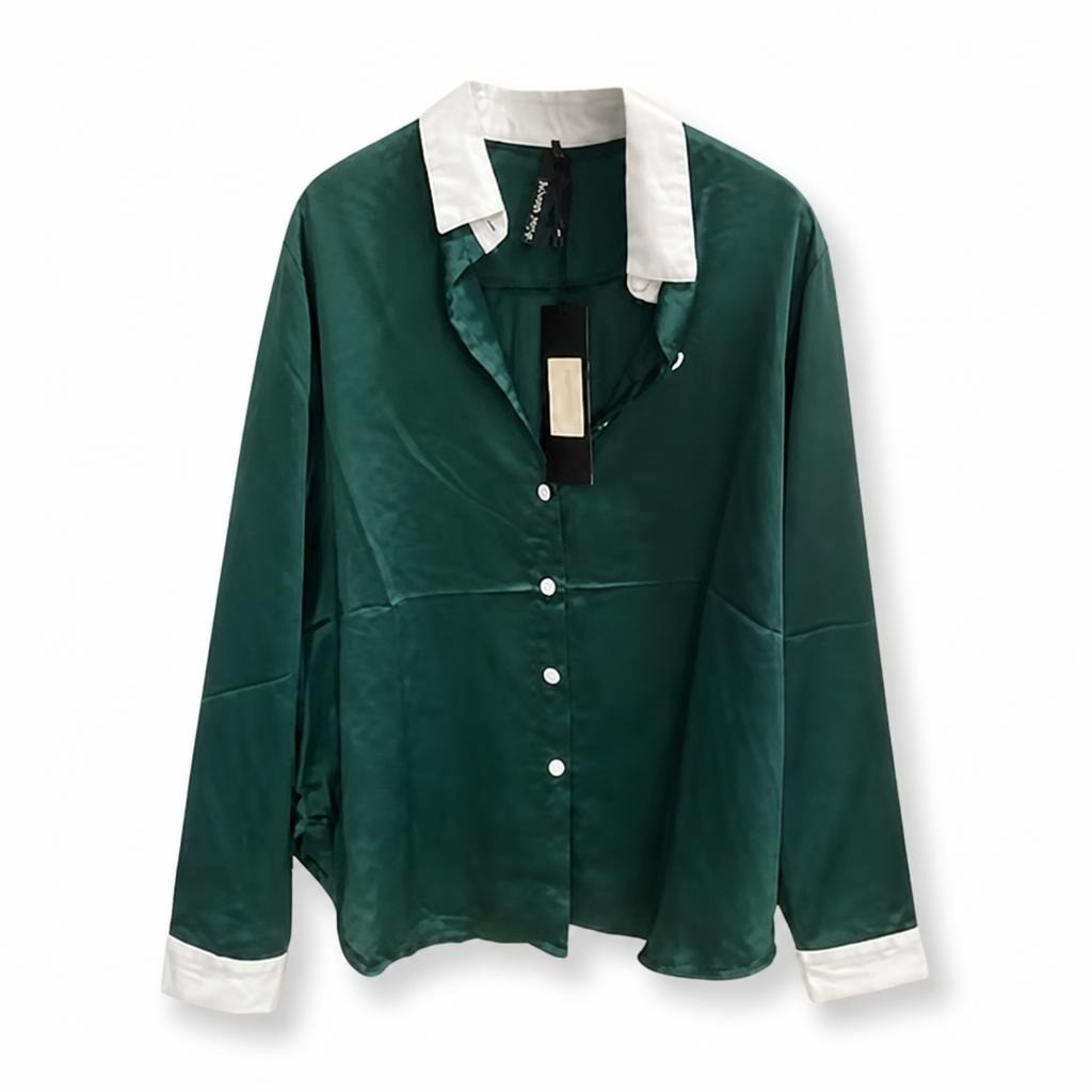 Elli White green satin shirt, white collar, NWT - white studio shot, second-hand at Why Go Less, Dekwaneh, Lebanon