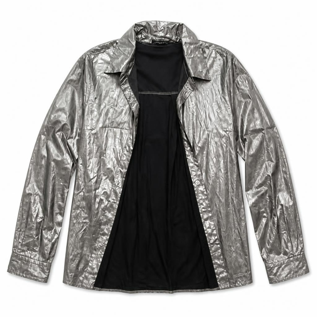 Metallic silver jacket, black lining, gender neutral - white studio shot, second-hand at Why Go Less, Dekwaneh, Lebanon