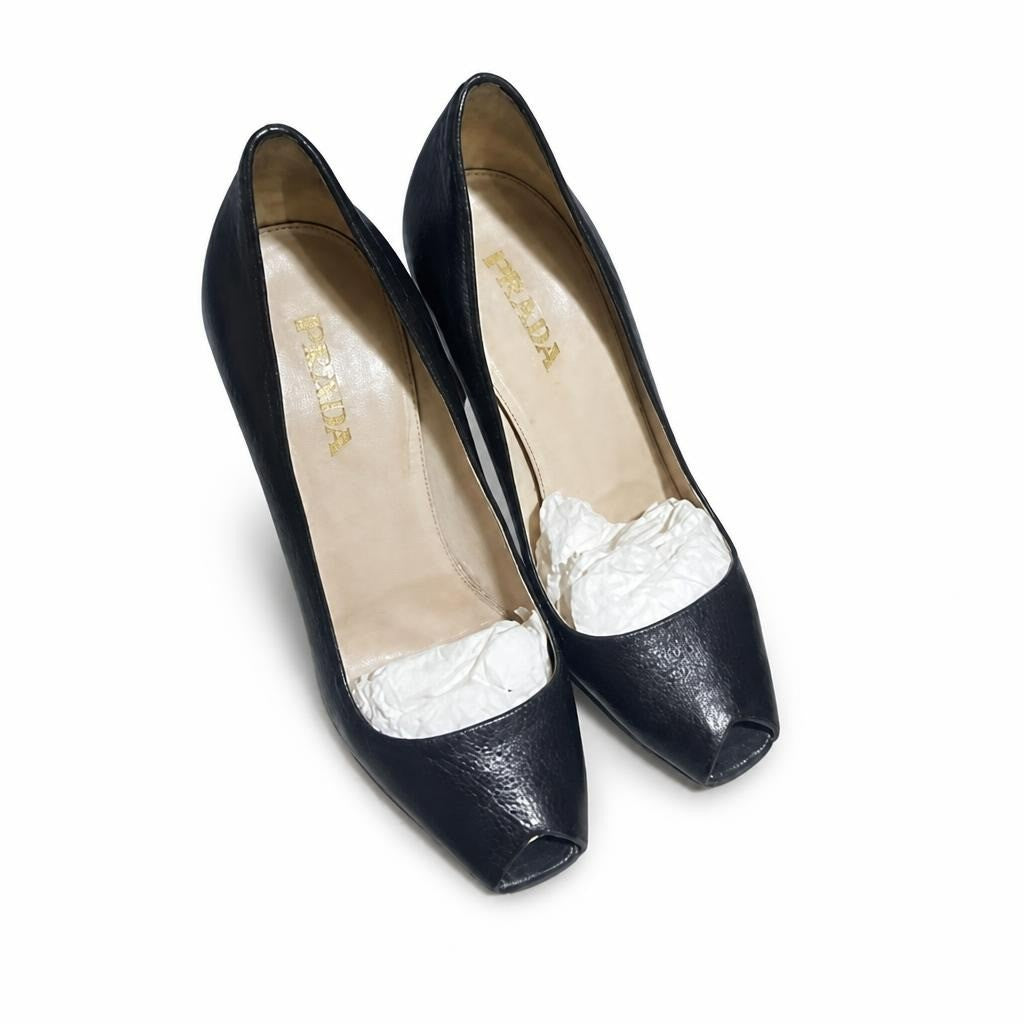 Prada black peep-toe pumps, size 38 - white studio shot, second-hand at Why Go Less, Dekwaneh, Lebanon