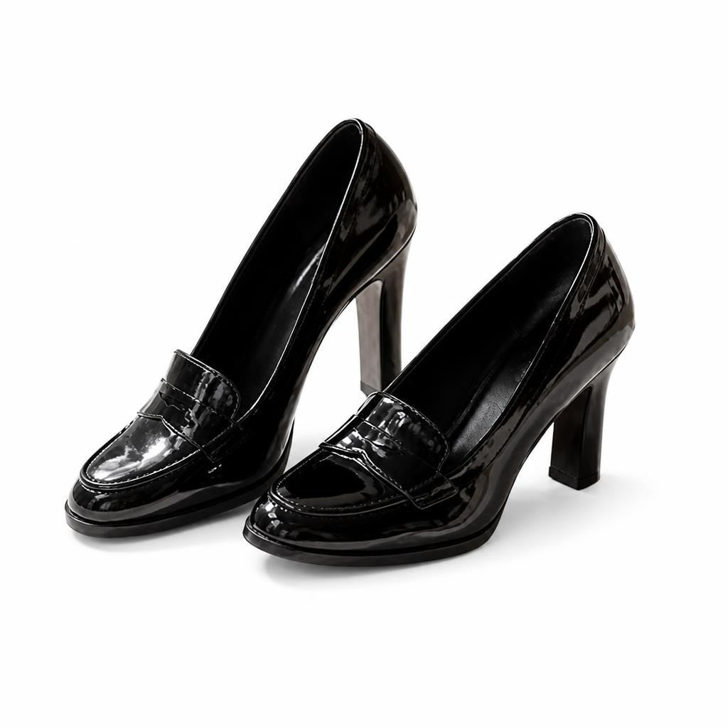 Black patent leather block heel pump, size unkn - white studio shot, second-hand at Why Go Less, Dekwaneh, Lebanon
