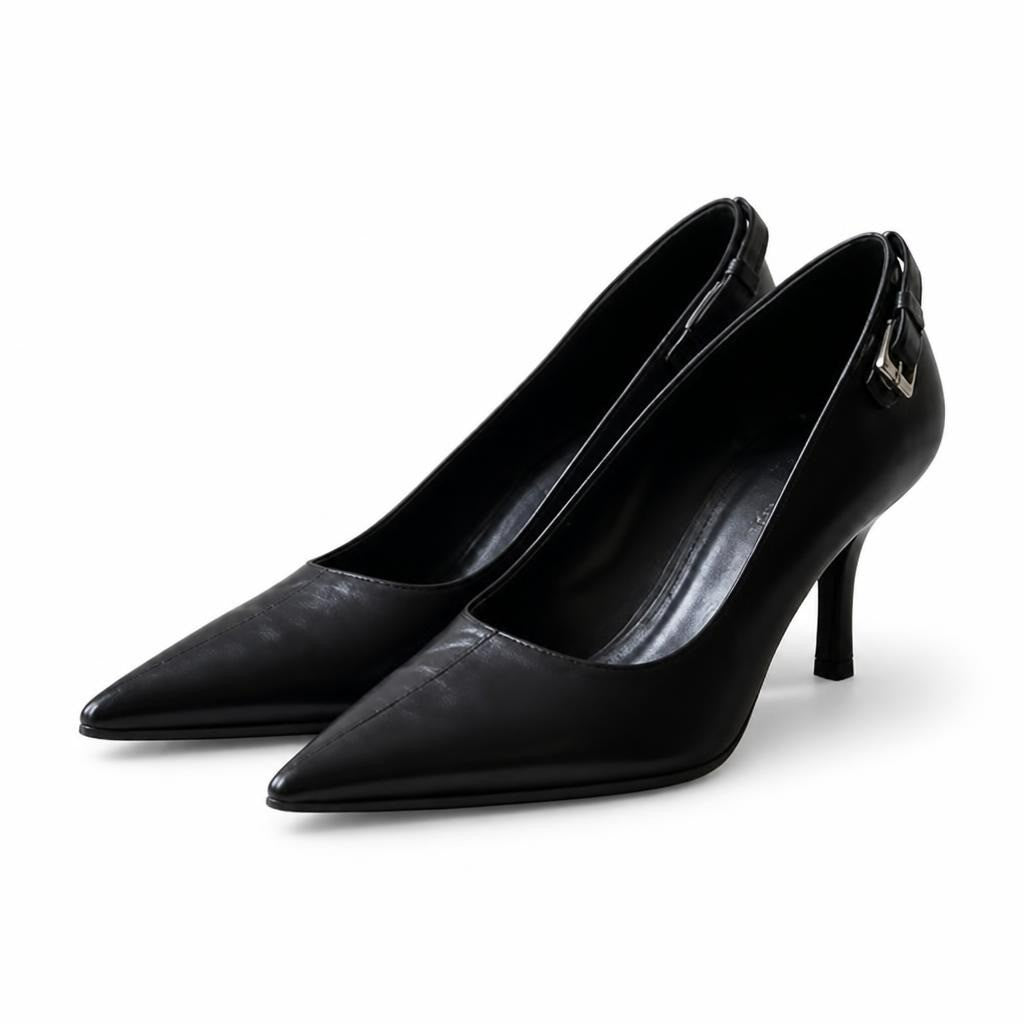 Yves Saint Laurent black leather pointed pump, sz 38 - white studio shot, second-hand at Why Go Less, Dekwaneh, Lebanon
