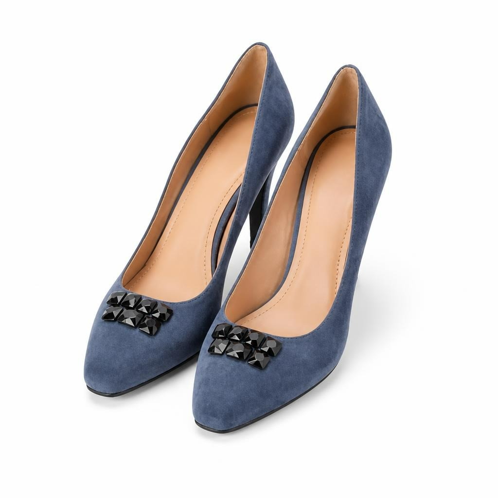 Nando Muzi Italy blue suede pumps with gem detail - white studio shot, second-hand at Why Go Less, Dekwaneh, Lebanon