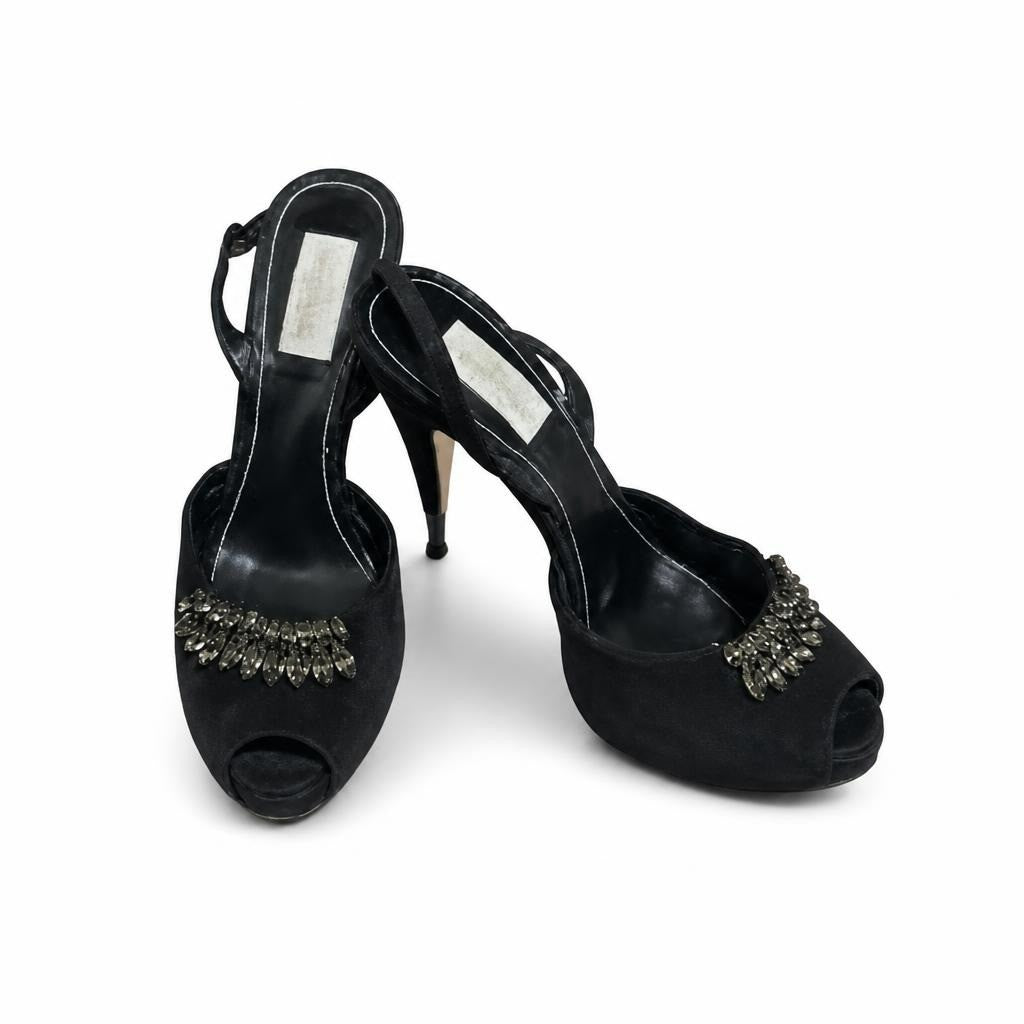 Black suede peep-toe slingback heels with crystal trim - white studio shot, second-hand at Why Go Less, Dekwaneh, Lebanon