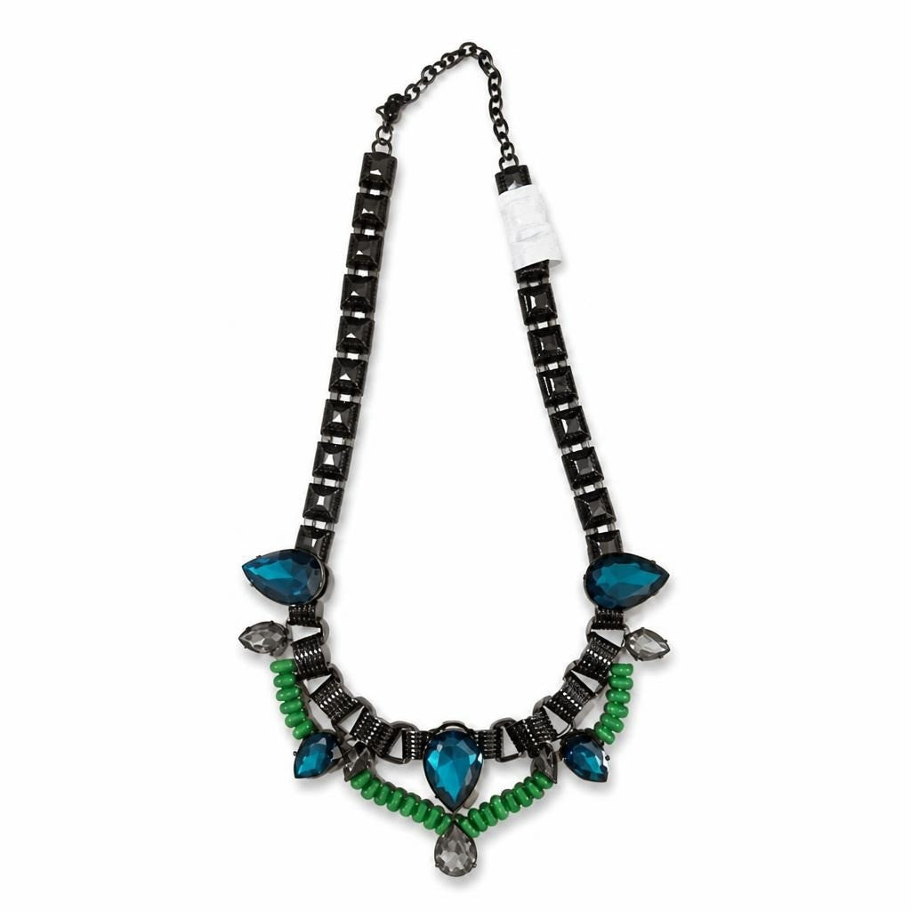 Statement necklace, blue-green crystals, antique brass - white studio shot, second-hand at Why Go Less, Dekwaneh, Lebanon