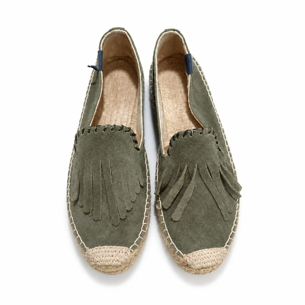 Suede fringe espadrilles, sage green, approx size 36 - white studio shot, second-hand at Why Go Less, Dekwaneh, Lebanon