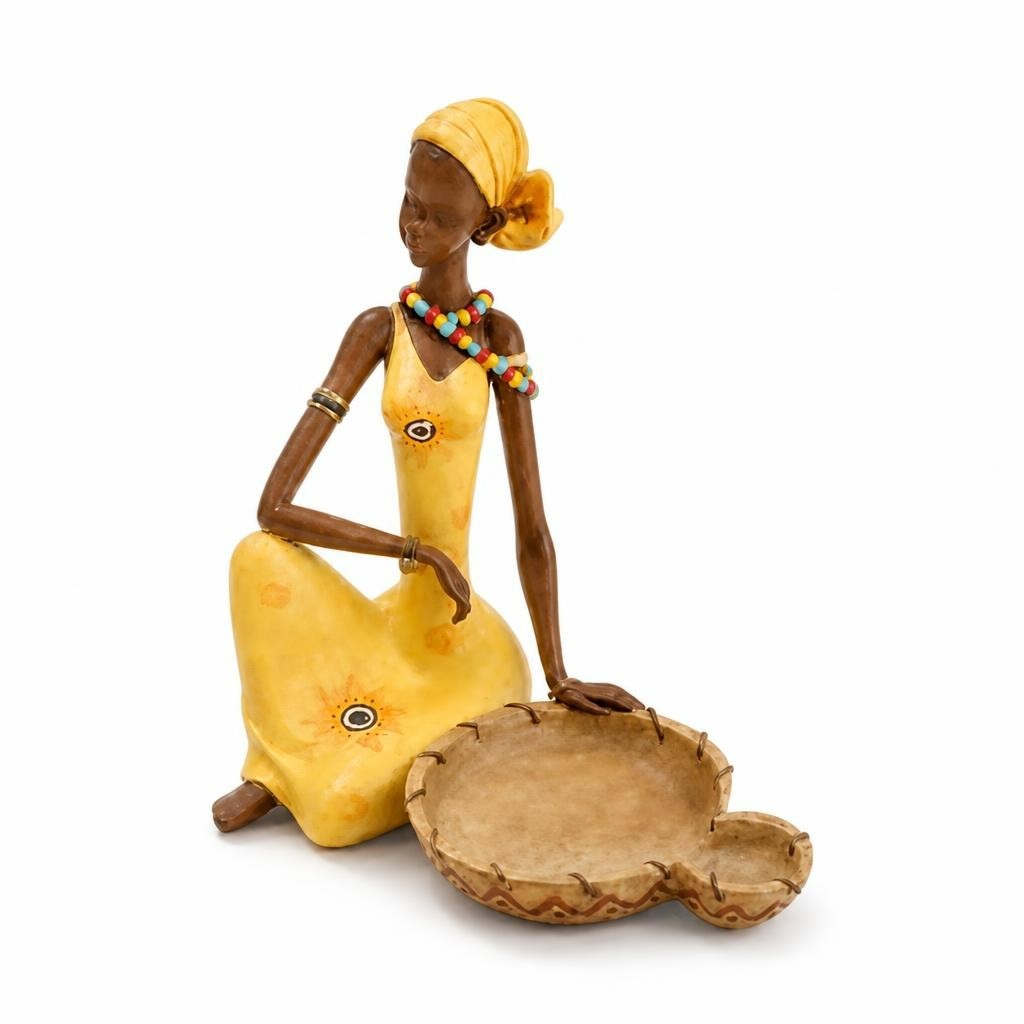 African woman resin figurine with dish, yellow dress - white studio shot, second-hand at Why Go Less, Dekwaneh, Lebanon