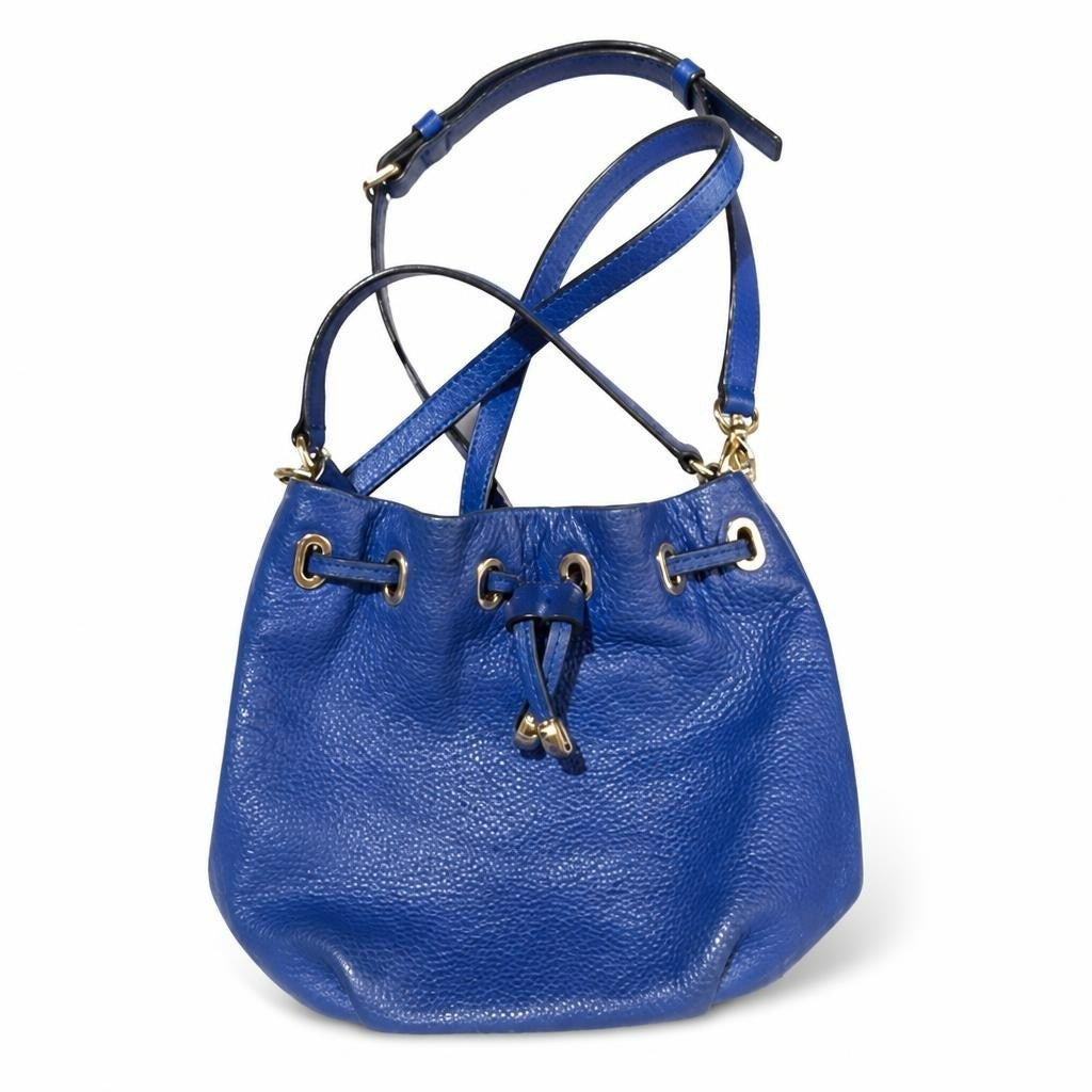 Kate Spade NY blue pebbled leather bucket bag - white studio shot, second-hand at Why Go Less, Dekwaneh, Lebanon