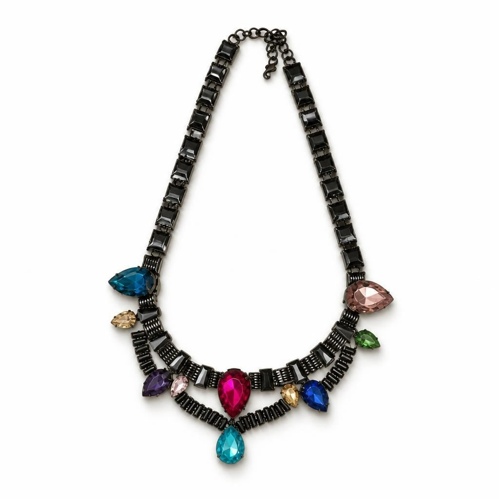 Bronze statement necklace multicolor gemstone drops - white studio shot, second-hand at Why Go Less, Dekwaneh, Lebanon