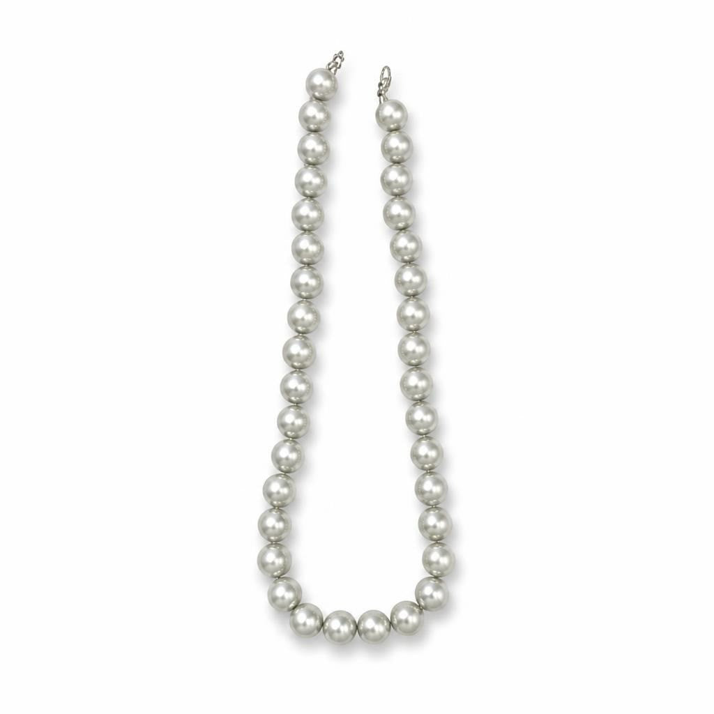 Grey faux pearl beaded necklace, classic - white studio shot, second-hand at Why Go Less, Dekwaneh, Lebanon