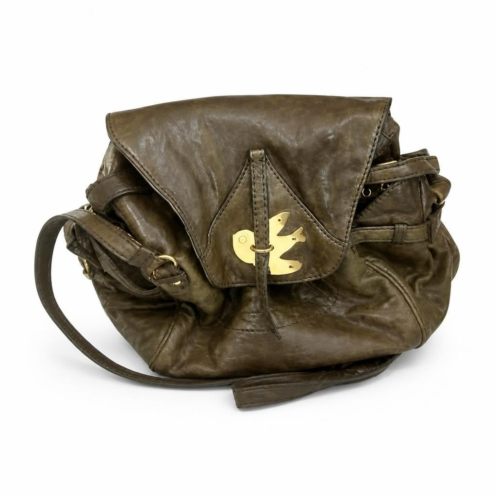 Olive brown leather crossbody bag gold lock - white studio shot, second-hand at Why Go Less, Dekwaneh, Lebanon