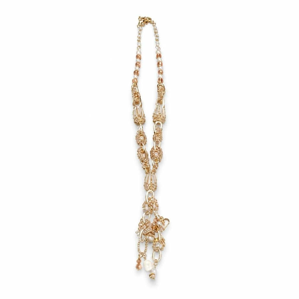 Gold silver chain lariat necklace pearl beads - white studio shot, second-hand at Why Go Less, Dekwaneh, Lebanon