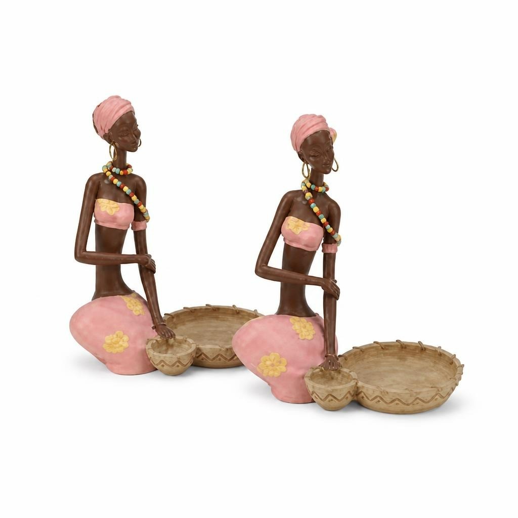African women figurines pink set of 2 w/bowls - white studio shot, second-hand at Why Go Less, Dekwaneh, Lebanon