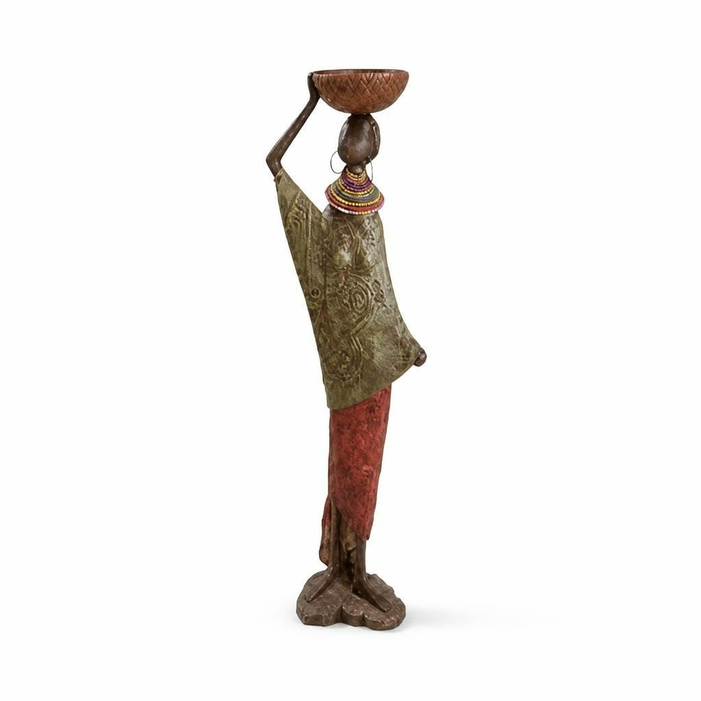 African woman figurine green dress carrying bowl - white studio shot, second-hand at Why Go Less, Dekwaneh, Lebanon