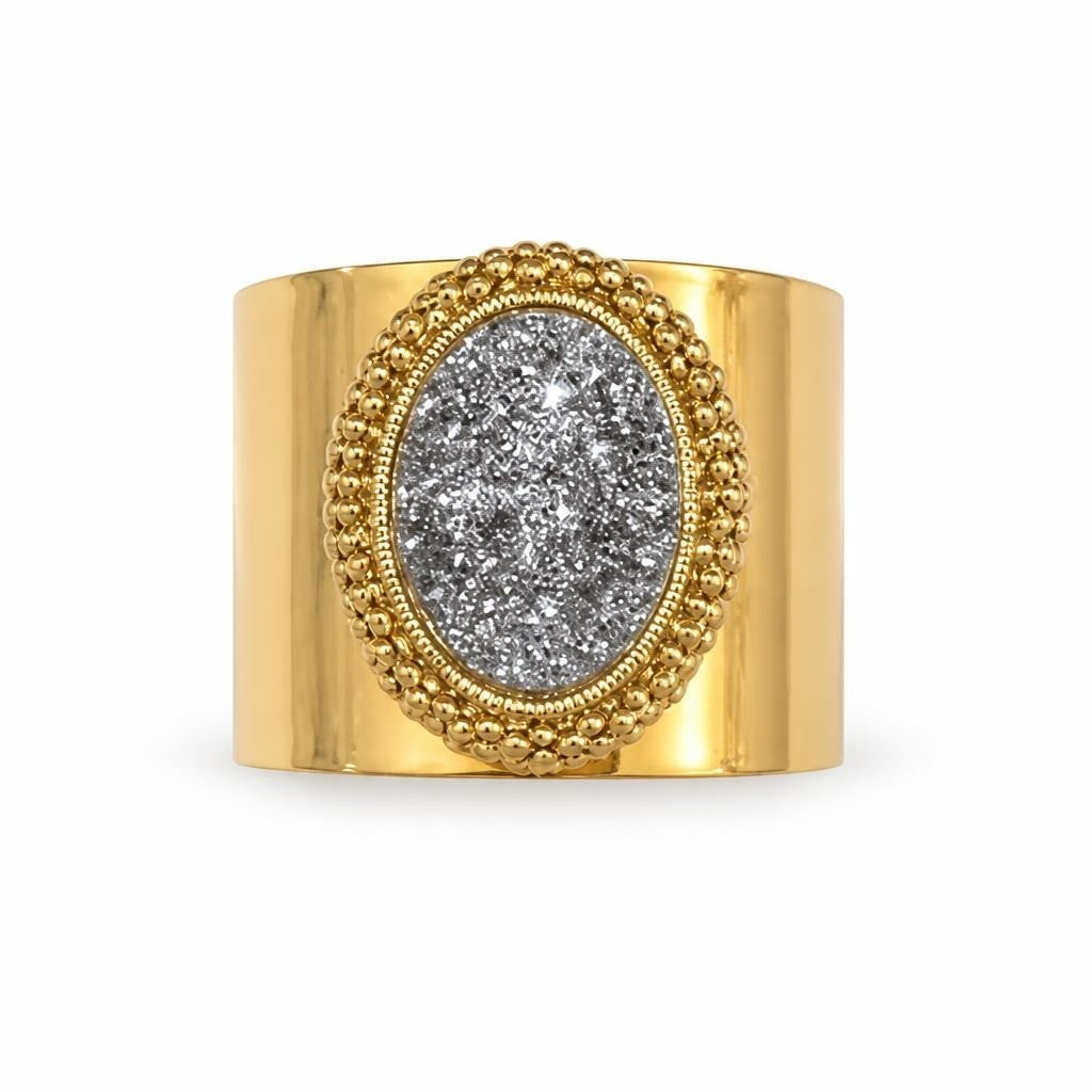 Gold cuff bracelet with silver druzy oval stone - white studio shot, second-hand at Why Go Less, Dekwaneh, Lebanon