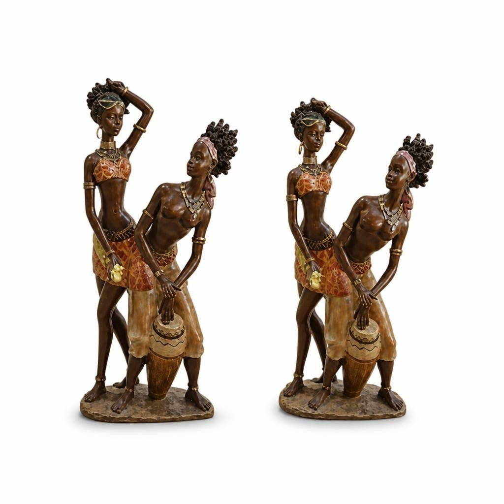 African women figurines orange set of 2 with urns - white studio shot, second-hand at Why Go Less, Dekwaneh, Lebanon