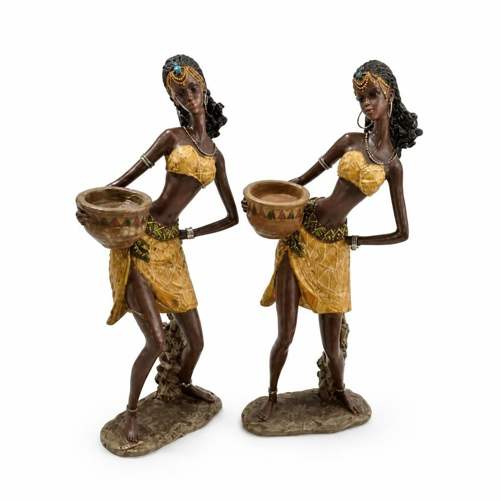 African figurine candle holders, yellow outfit, pair - white studio shot, second-hand at Why Go Less, Dekwaneh, Lebanon