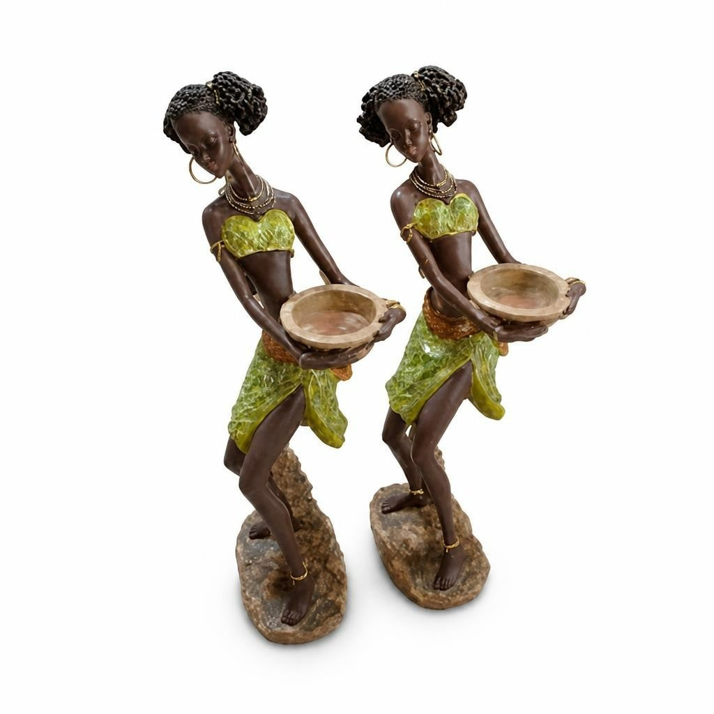 African figurine candle holders, green outfit, pair - white studio shot, second-hand at Why Go Less, Dekwaneh, Lebanon