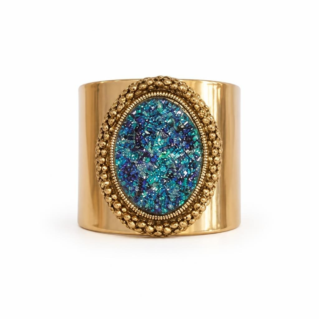 Gold cuff bracelet with blue druzy oval stone - white studio shot, second-hand at Why Go Less, Dekwaneh, Lebanon