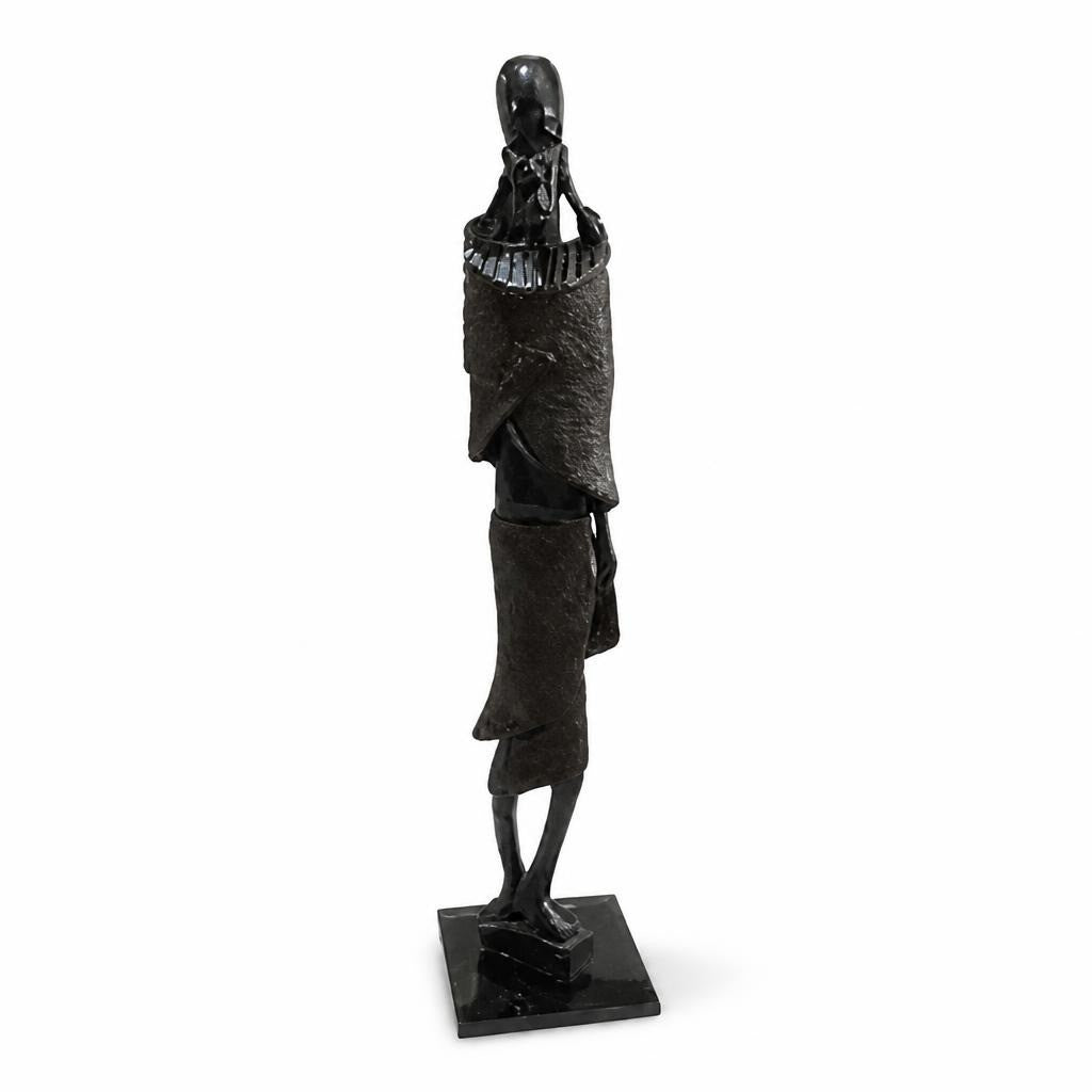 Dark wood carved African standing figure sculpture - white studio shot, second-hand at Why Go Less, Dekwaneh, Lebanon