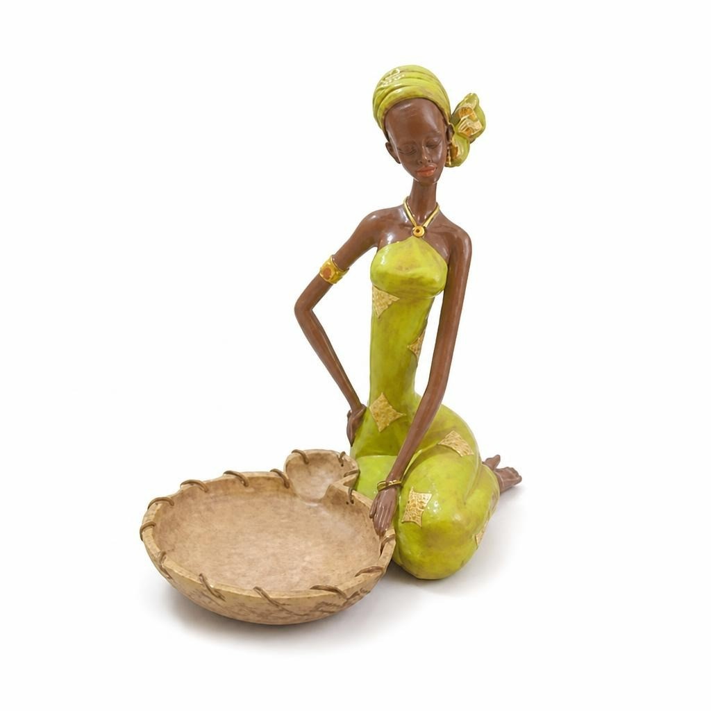 African woman figurine decorative dish, green resin - white studio shot, second-hand at Why Go Less, Dekwaneh, Lebanon