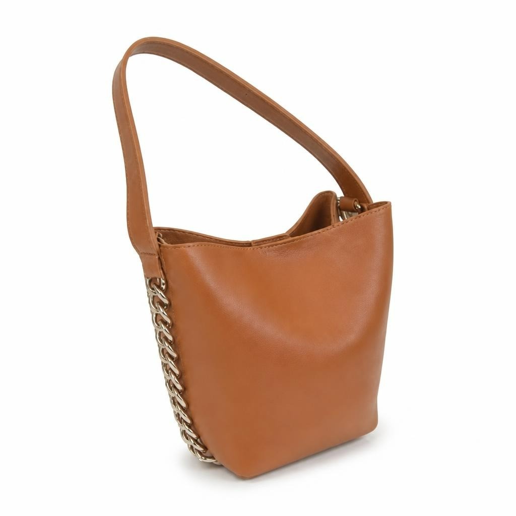 Tan faux leather bucket bag, silver chain detail - white studio shot, second-hand at Why Go Less, Dekwaneh, Lebanon