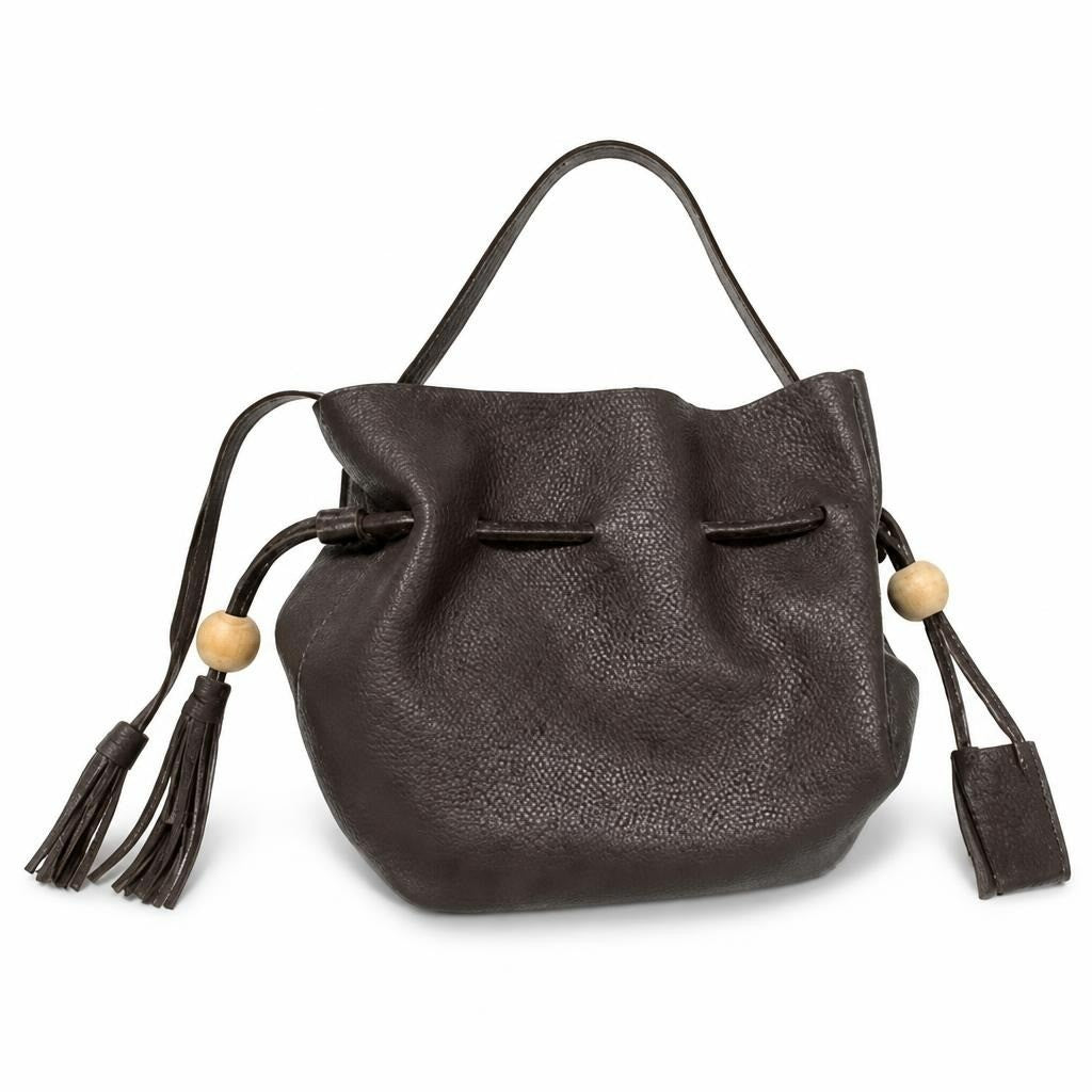 Olive grey pebbled bucket bag with tassels - white studio shot, second-hand at Why Go Less, Dekwaneh, Lebanon