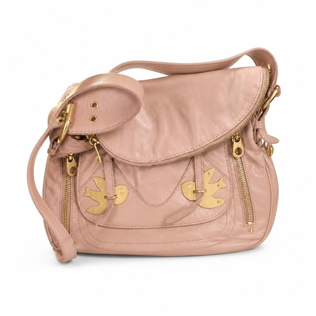Blush pink leather handbag gold bird hardware - white studio shot, second-hand at Why Go Less, Dekwaneh, Lebanon