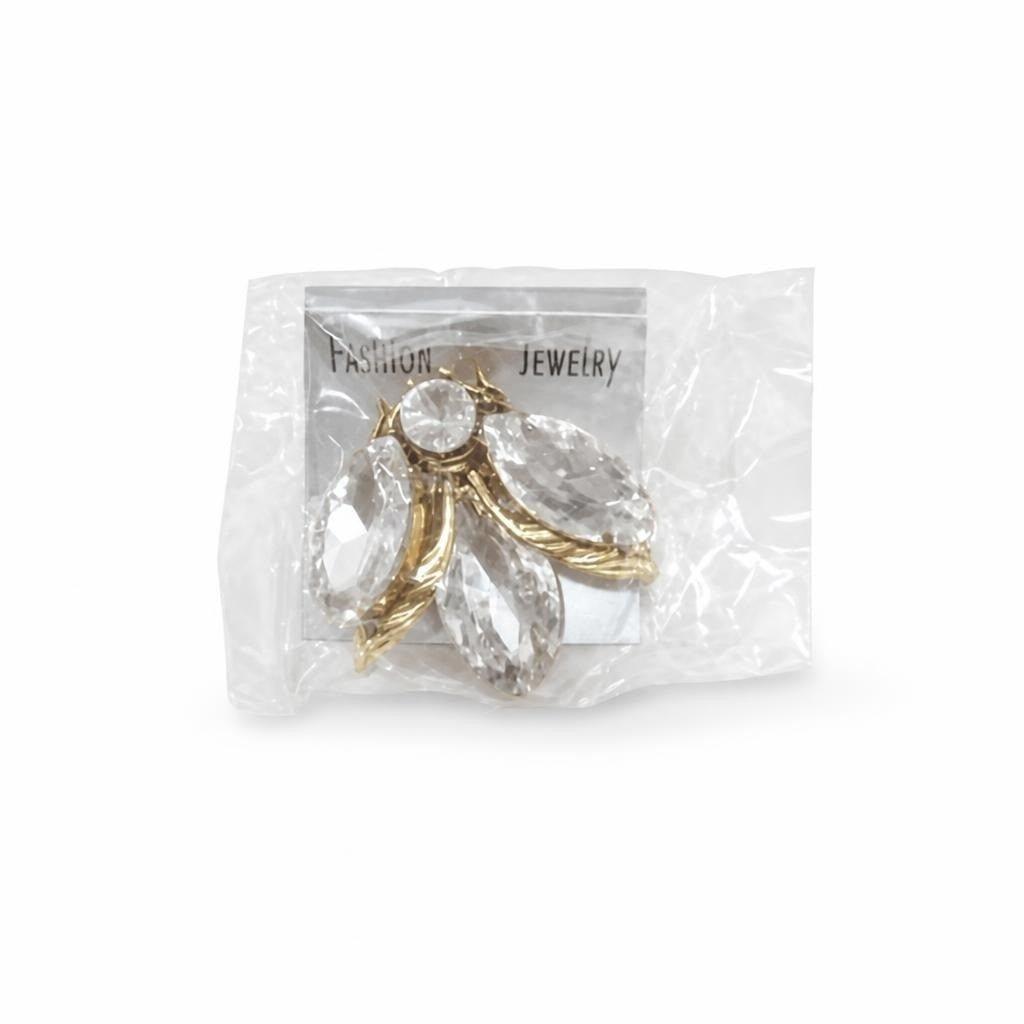 Gold crystal clear stone fashion brooch pin - white studio shot, second-hand at Why Go Less, Dekwaneh, Lebanon