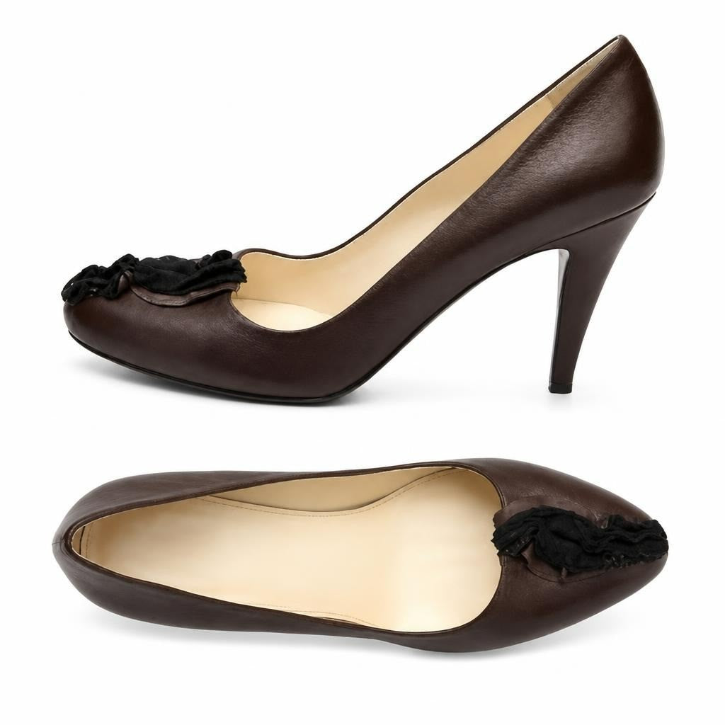 Prada Brown Leather Pumps with Black Flower Detail - white studio shot, second-hand at Why Go Less, Dekwaneh, Lebanon