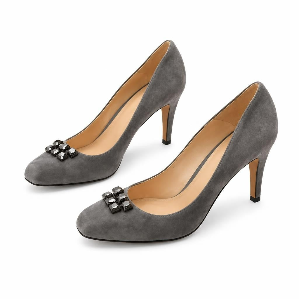 Grey suede pump heels with crystal embellishment - white studio shot, second-hand at Why Go Less, Dekwaneh, Lebanon