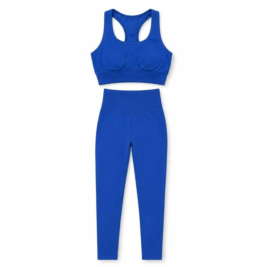 Royal blue sports bra and leggings set - white studio shot, second-hand at Why Go Less, Dekwaneh, Lebanon
