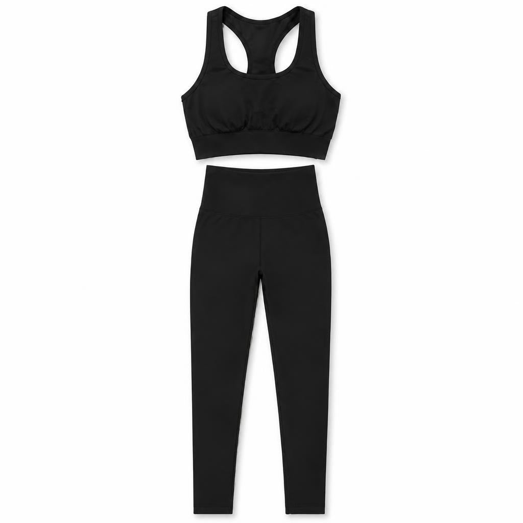 Black sports bra and leggings matching set - white studio shot, second-hand at Why Go Less, Dekwaneh, Lebanon