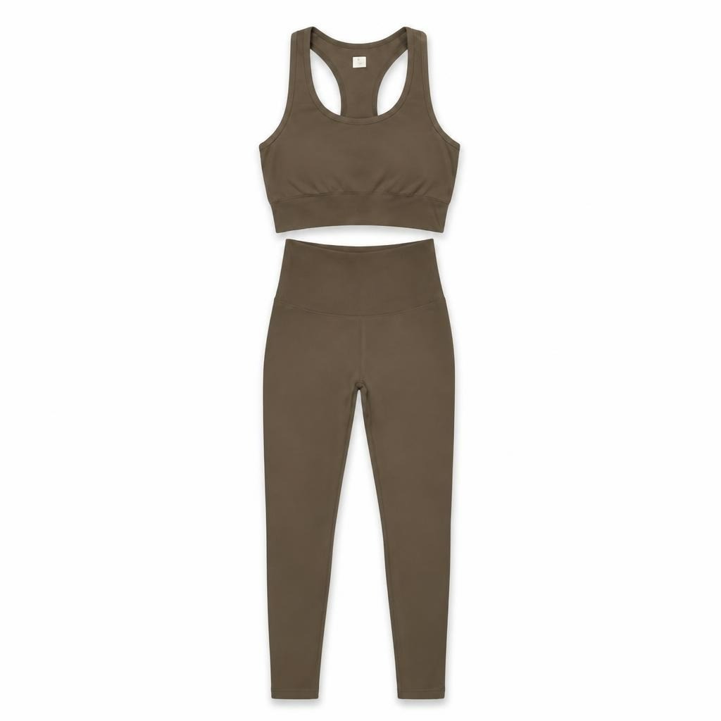 Olive khaki sports bra and leggings set - white studio shot, second-hand at Why Go Less, Dekwaneh, Lebanon