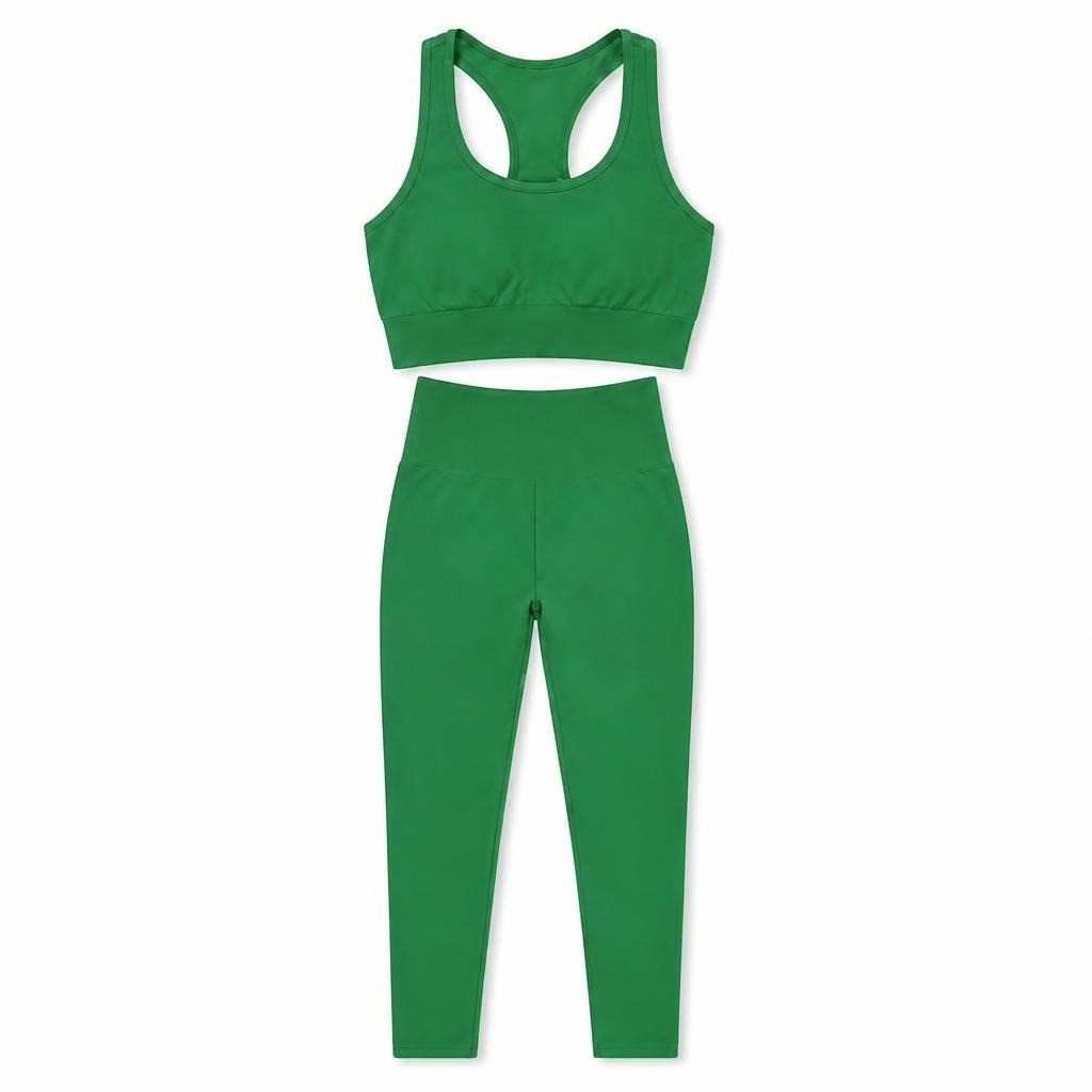 Green sports bra and leggings matching set - white studio shot, second-hand at Why Go Less, Dekwaneh, Lebanon