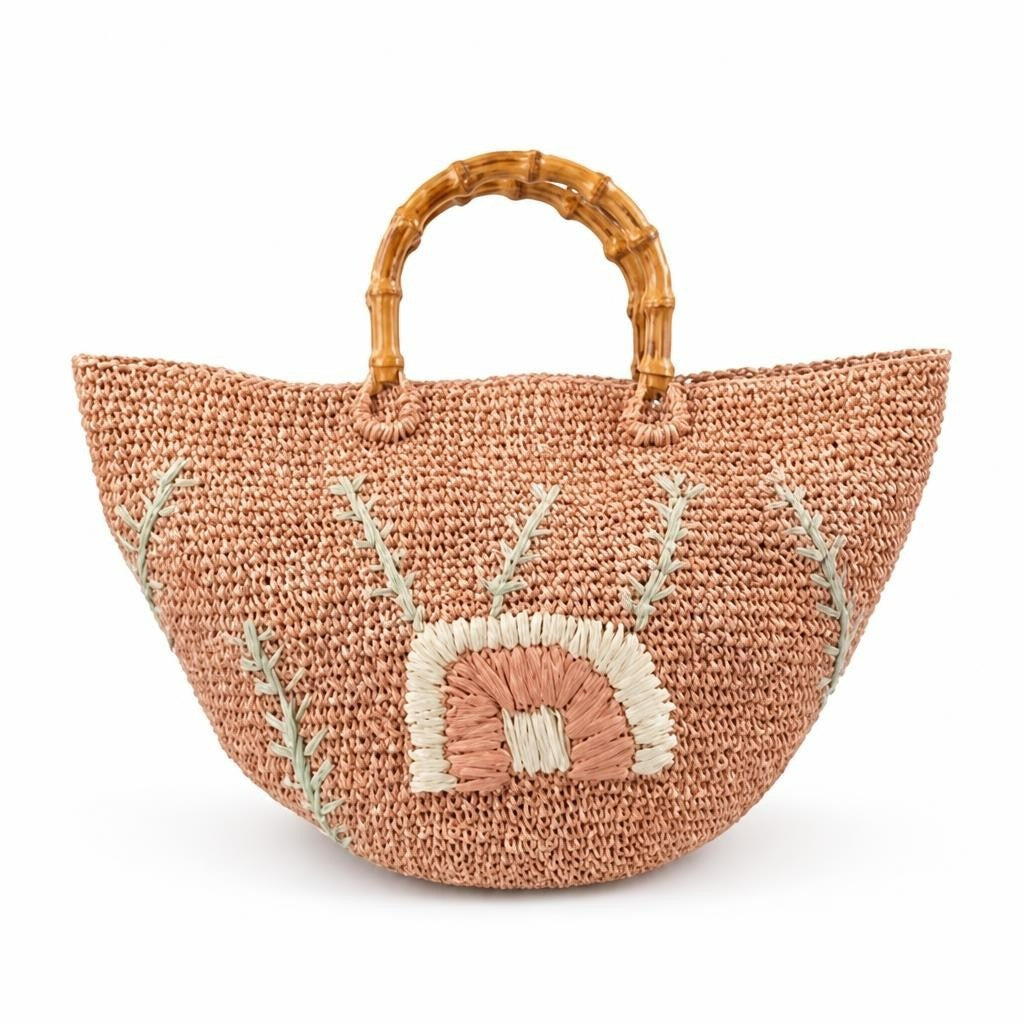 Woven raffia tote bag bamboo handles pink boho handmade - white studio shot, second-hand at Why Go Less, Dekwaneh, Lebanon