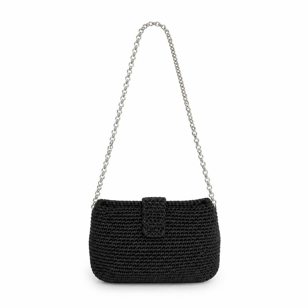 Dark grey crochet crossbody bag silver chain strap - white studio shot, second-hand at Why Go Less, Dekwaneh, Lebanon
