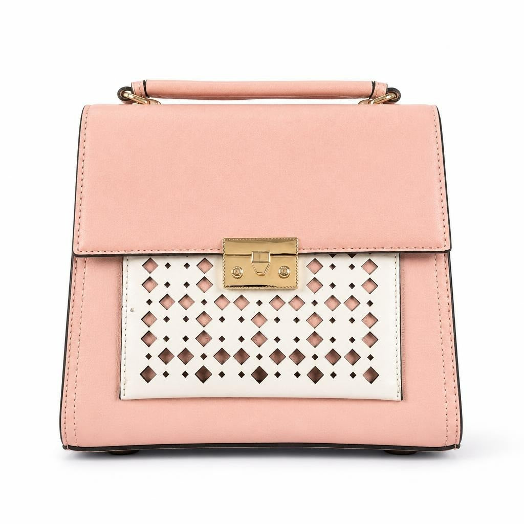 Pink structured satchel bag with laser-cut panel - white studio shot, second-hand at Why Go Less, Dekwaneh, Lebanon