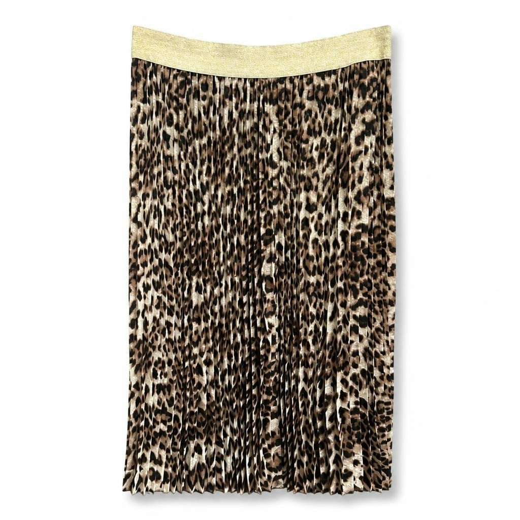 Leopard print pleated midi skirt gold waistband - white studio shot, second-hand at Why Go Less, Dekwaneh, Lebanon