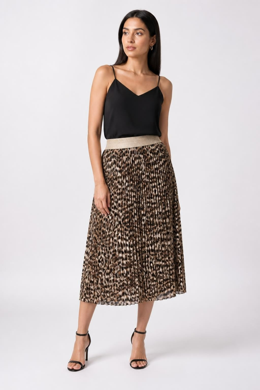 Leopard Print Pleated Midi Skirt With Gold Waistband | Pre-Loved | Why Go Less-1