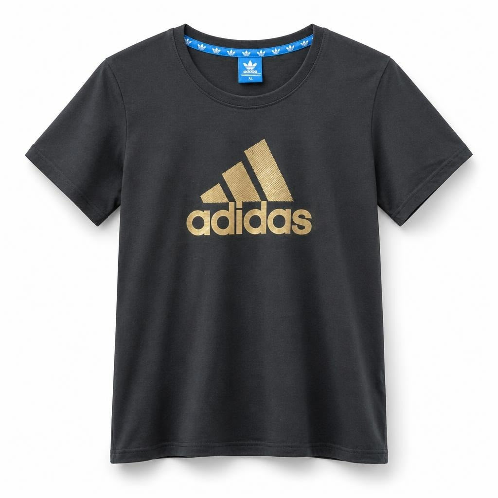 Adidas black tee gold logo size XL - white studio shot, second-hand at Why Go Less, Dekwaneh, Lebanon