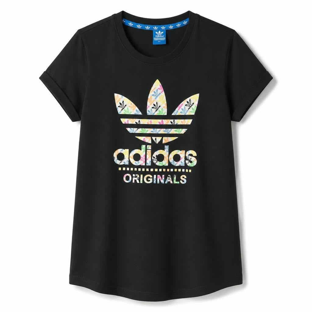 Adidas Originals black tee floral trefoil print - white studio shot, second-hand at Why Go Less, Dekwaneh, Lebanon