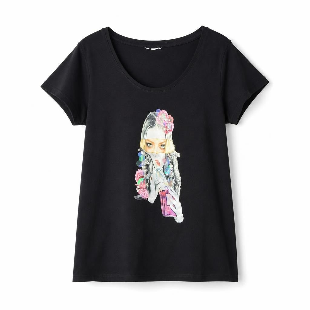 Black graphic tee with embellished anime girl print - white studio shot, second-hand at Why Go Less, Dekwaneh, Lebanon
