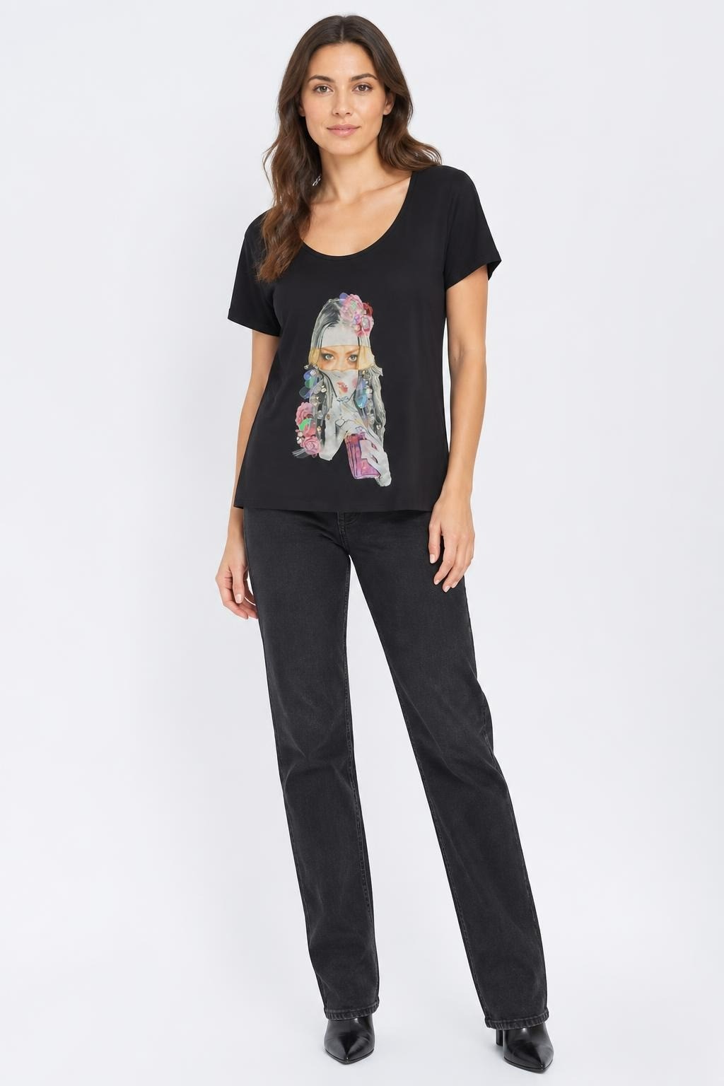 Black Graphic Tee With Embellished Anime Girl Print | Pre-Loved | Why Go Less