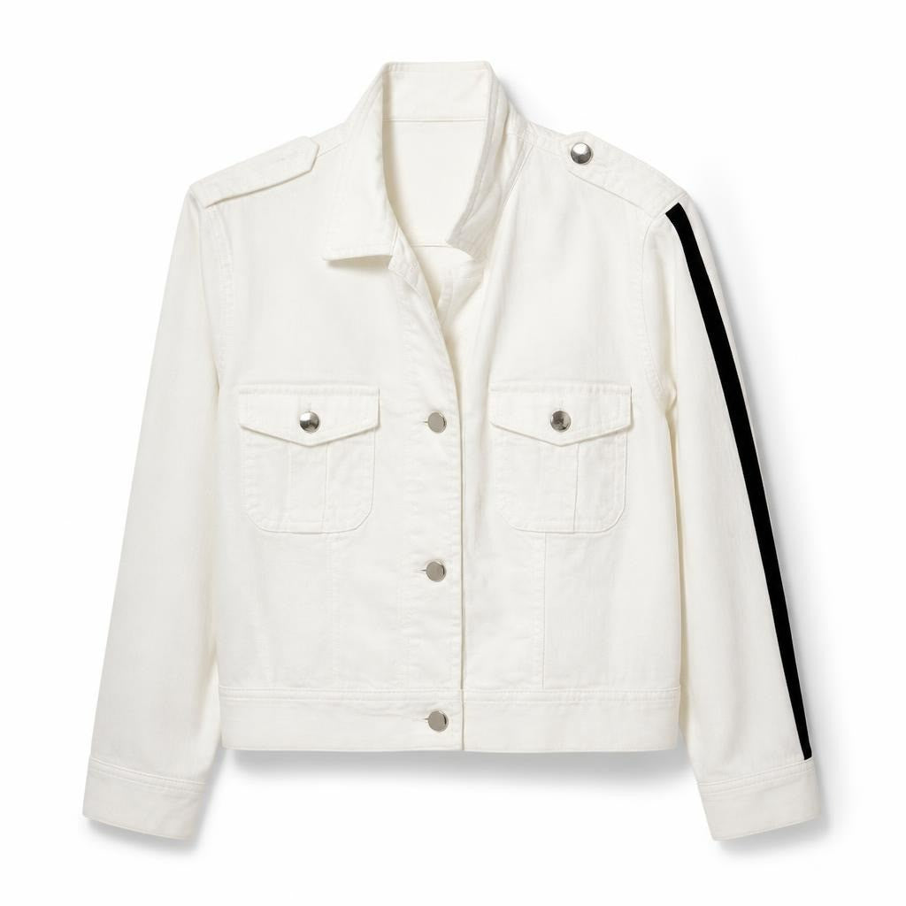 White denim trucker jacket, silver buttons - white studio shot, second-hand at Why Go Less, Dekwaneh, Lebanon