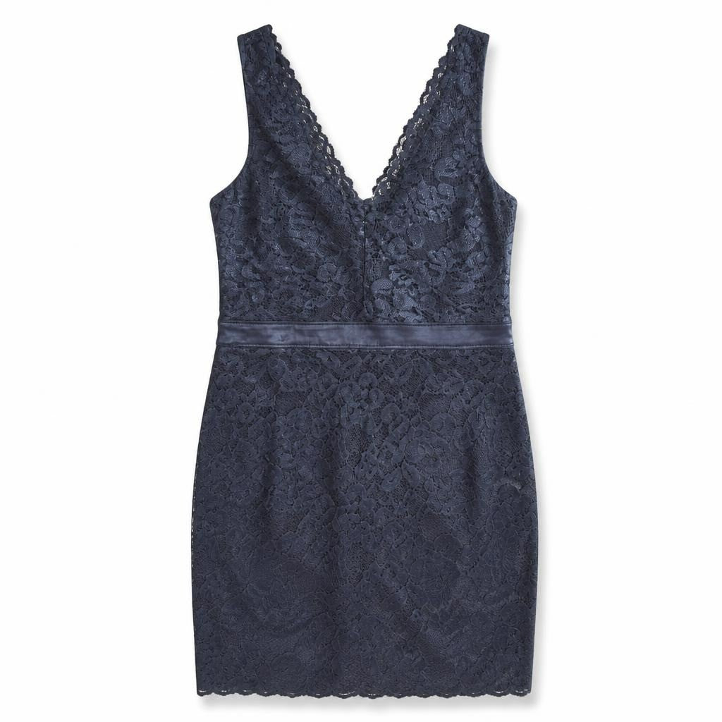 Navy blue lace bodycon dress, V-neck, sleeveless - white studio shot, second-hand at Why Go Less, Dekwaneh, Lebanon