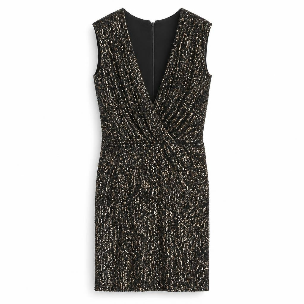 Calvin Klein black gold sequin wrap dress, sleeveless - white studio shot, second-hand at Why Go Less, Dekwaneh, Lebanon